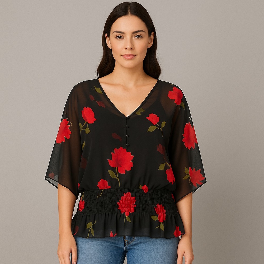 Worthington Top Womens 1X Black Sheer Floral Feminine Spring Romantic Date Night
